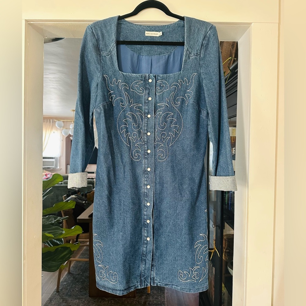 Avec Les Filles | Western Embroidered Long Sleeve Denim Minidress